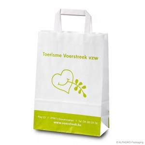Paper carrier bag with flat handles 'Toerisme Voerstreek', lined kraft paper, white