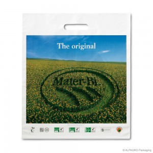 Patch handle carrier bag 'Mater-Bi', bioplastic, white coloured