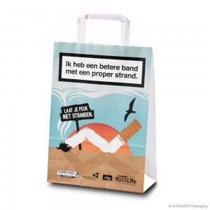 Paper carrier bag with flat handles 'Clean beach', plain kraft paper, white