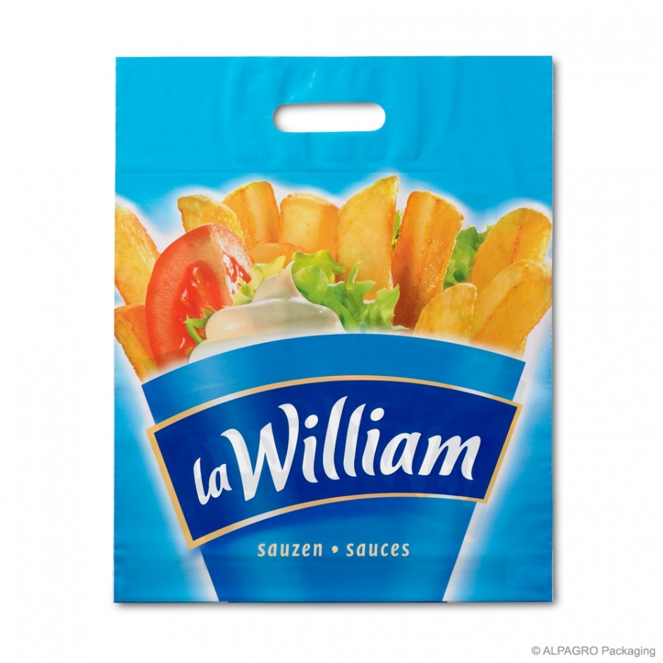 Patch handle carrier bag 'La William', LDPE, white coloured, 50µ, 35 x 43 + 4 cm