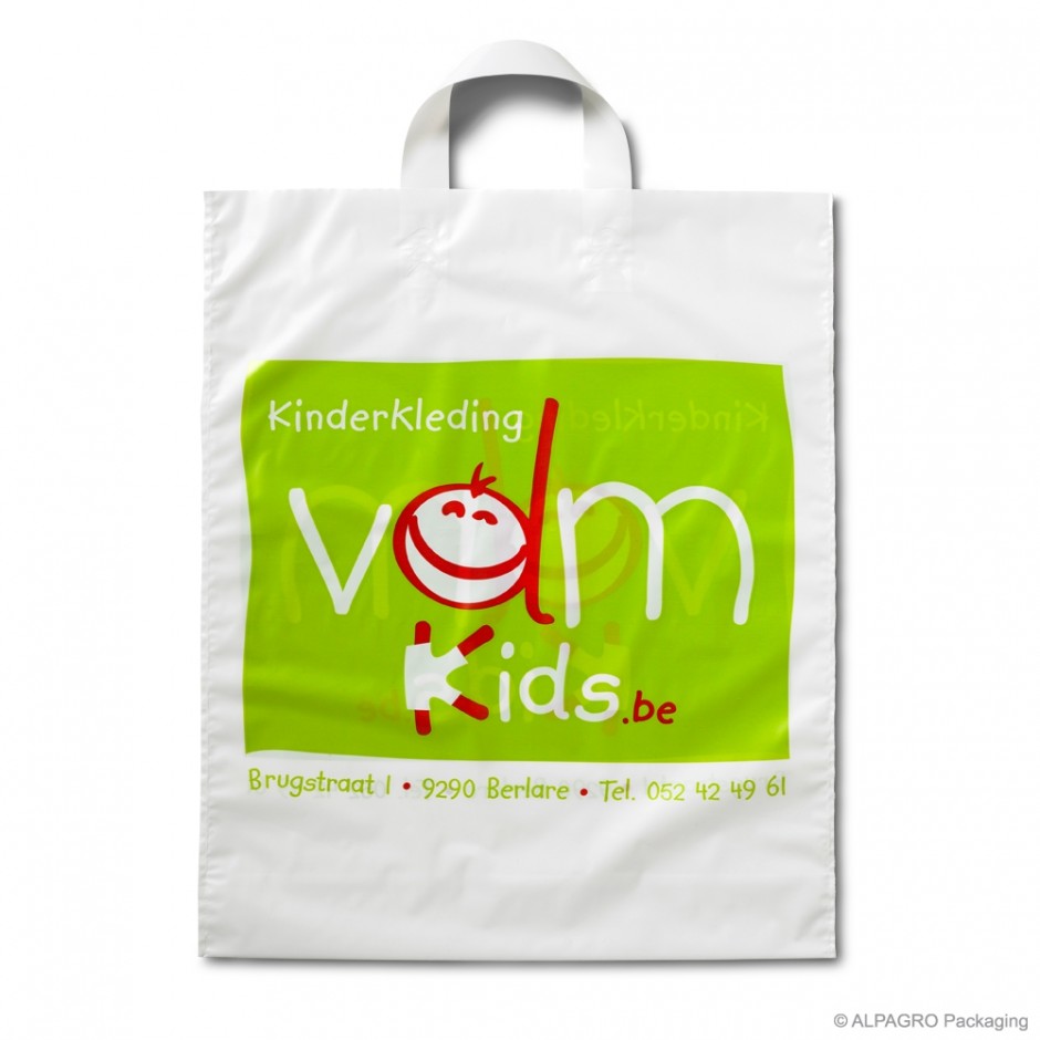 Loop handle carrier bag 'VDM Kids', MDPE, white coloured, 60µ, 37 x 45 + 5 cm