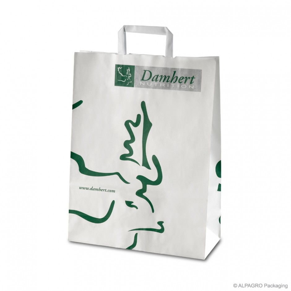 Paper carrier bag with flat handles 'Damhert', plain kraft paper, white, 90 g, 32 x 13 x 42,5 cm