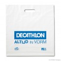 Draagtas met uitgestanst en versterkt handvat 'Decathlon', bioplastic, wit ingekleurd, 50µ, 39 x 42 + 4 cm