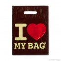 Patch handle carrier bag 'I love my bag', LDPE, white coloured, 40µ, 25 x 33,5 + 4 cm