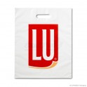 Patch handle carrier bag 'LU', LDPE, white coloured, 50µ, 35 x 44 + 4 cm