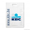 Patch handle carrier bag 'KBC', LDPE, white coloured, 50µ, 35 x 48 + 4 cm