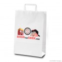 Paper carrier bag with flat handles 'Shop for Geek', plain kraft paper, white, 100 g, 26 x 11 x 38 cm
